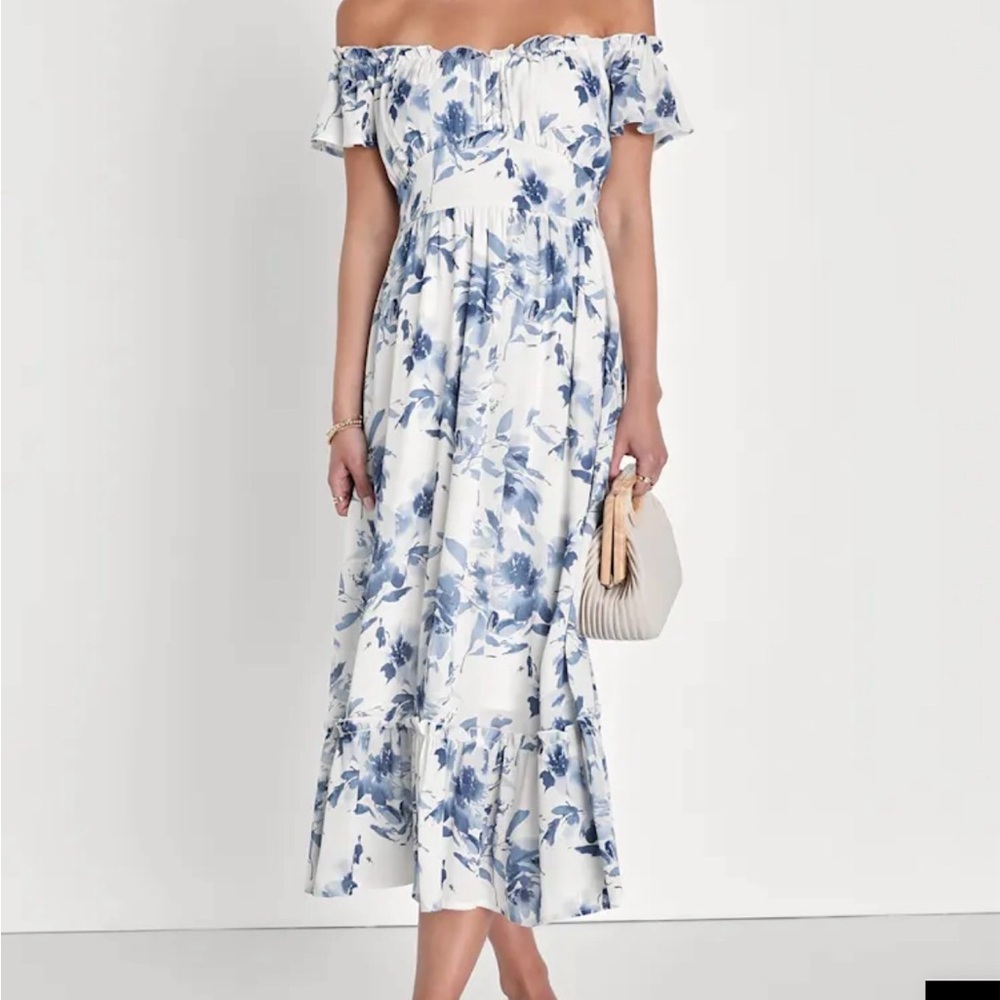 Lulu's Blue Floral Off-Shoulder Midi Dress